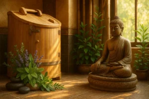 Sauna fitobeczka ziołowa w orientalnym wnętrzu gabinetu masażu Świętoszów, budda, świece i akcesoria spa