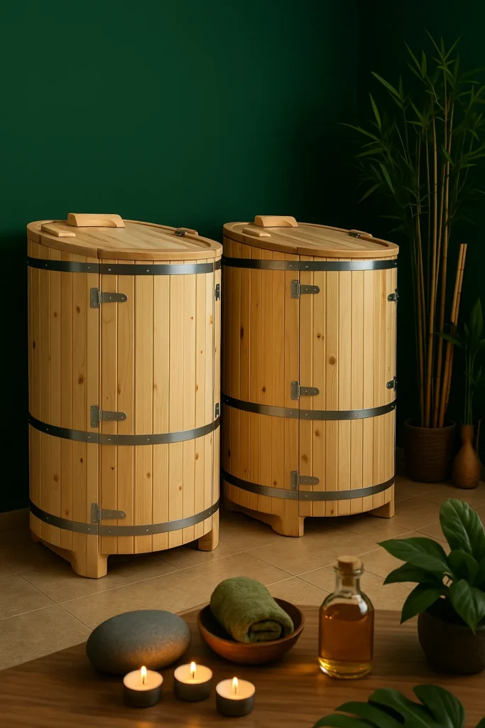 Sauna fitobeczka ziołowa w gabinecie Dotyk Orientu w Świętoszowie, w tle zielona ściana i bambus, na pierwszym planie świece i olejki do masażu.